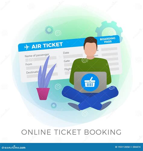 Flight Ticket Online Booking Flat Vector Icon. Man Makes His Journey
