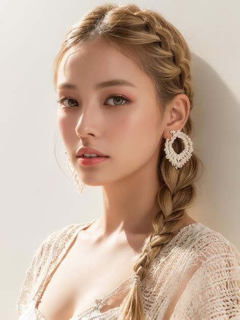 Portrait Of Beautiful Japanese Women With Light Sand Blonde Loose Side