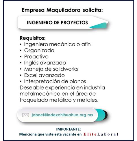 Vacante Ingeniero De Proyectos Elitelaboral