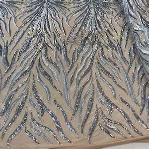 Silver Bridal Spandex Nude Mesh Lace Sequins Stretch Fabric By The Yard 4 Way Stretch
