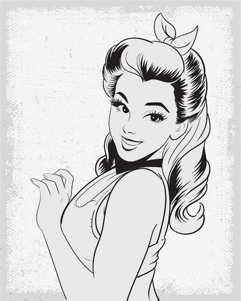 Line Art Vector Tekening Van Een Mooie Retro Pinup Girl Premium Vector