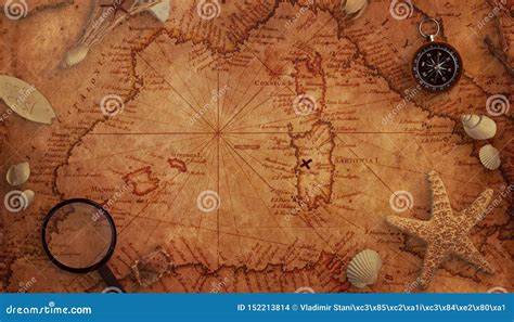 Old Treasure Map Concept. Magnifier, Compass and Sea Decorations on the ...