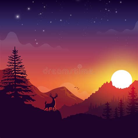 Venado En Una Monta A Con Silueta De Paisaje Al Atardecer Ilustraci N