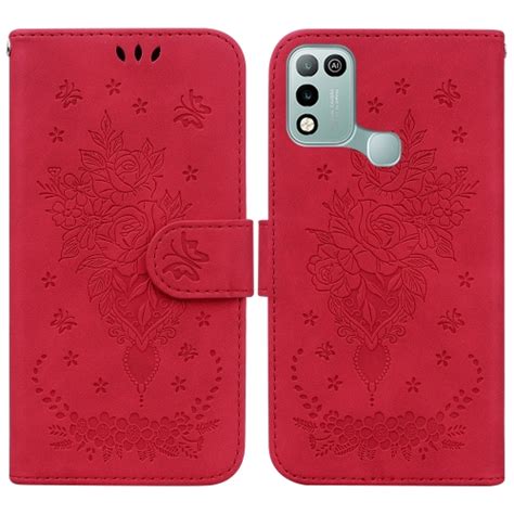 適用於 Infinix Hot Play Smart 印度版 壓印蝴蝶玫瑰花手機皮套紅色