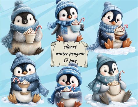 Winter Penguin Clipart Bundle Cute Penguin PNG Hot Cocoa Penguin Art