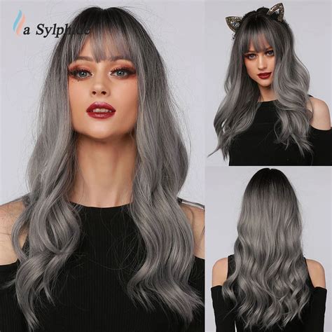 Silver Black Ombre Wig Silver Black Bang Wig Long Grey Wig Bangs