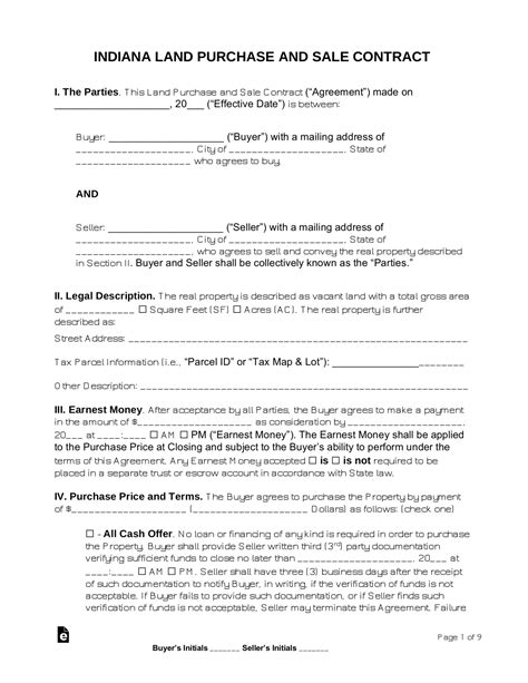 Free Indiana Land Contract Template Word Pdf Eforms