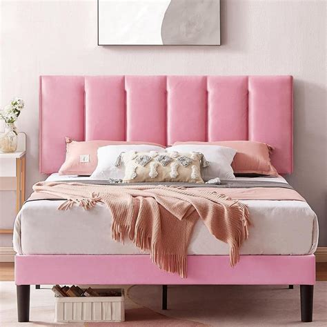 VECELO Upholstered Bedframe, Pink Metal Frame Full Platform Bed with ...