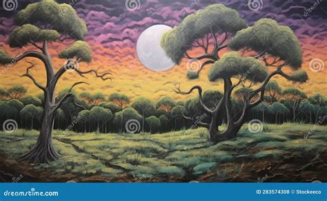 Moonlit May: an Ornate Painting of Moon Over Wild Trees Stock ...