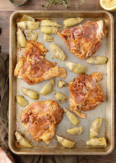 Sheet Pan Chicken Thighs With Artichokes Basil And Bubbly