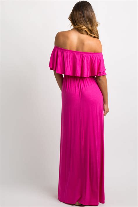 Fuchsia Off Shoulder Ruffle Trim Maxi Dress Pinkblush