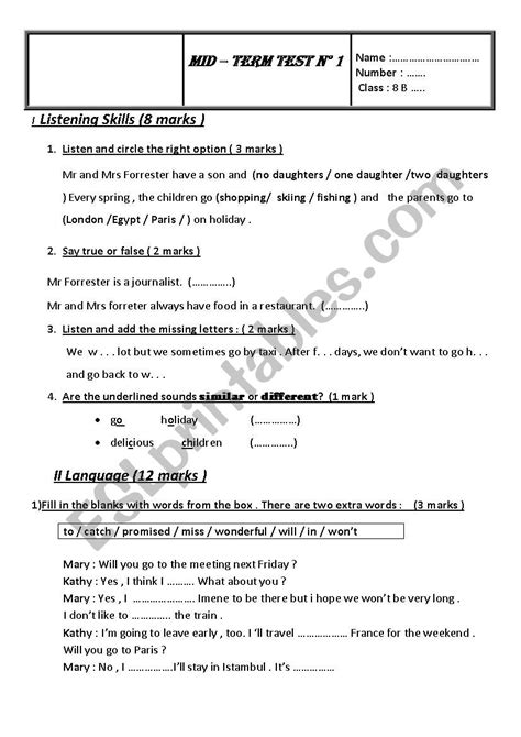 Th Form Mid Term Test Nb Esl Worksheet By Sondoussa