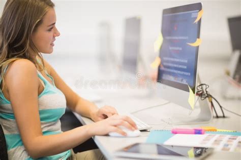 Estudante Novo Feliz Que Trabalha Na Sala De Computador Foto De Stock