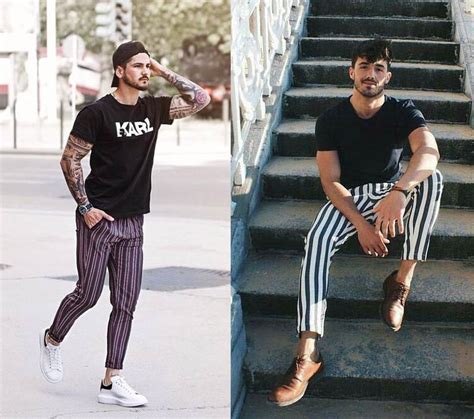 Calça listrada em alta no look masculino Moda Para Homens