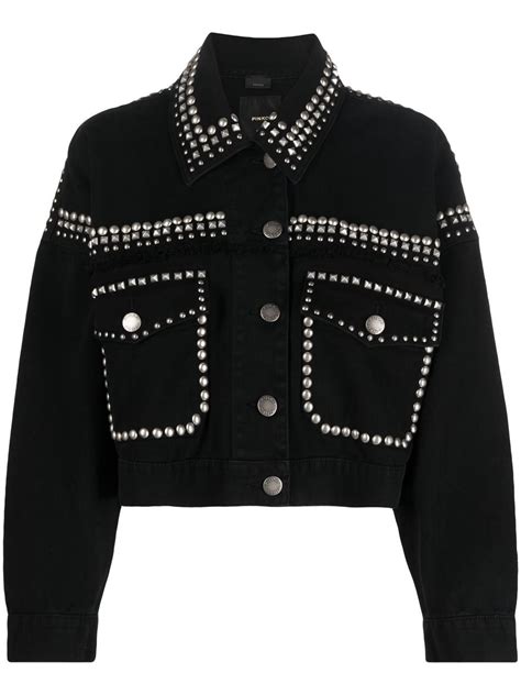 Pinko Stud Embellished Denim Jacket In Black Modesens