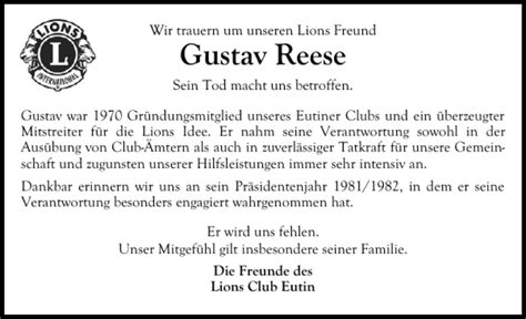 Traueranzeigen Von Gustav Reese Sh Z Trauer