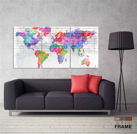 Quadro Mapa Mundi Para Sala - Quadro Mapa Mundi Colorido Aquarela Para Sala Quarto 125x60
