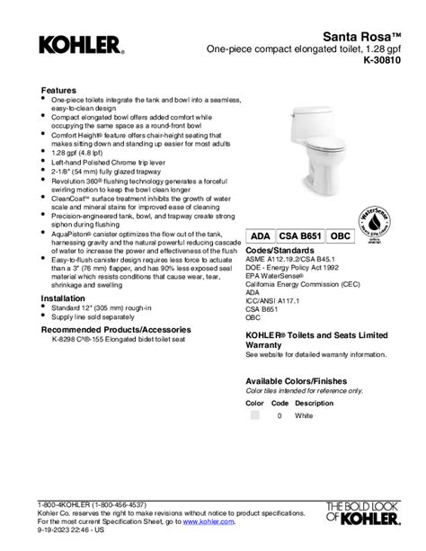 Kohler Santa Rosa K-30810-0 Compact Elongated Toilet | Dimensions Guide