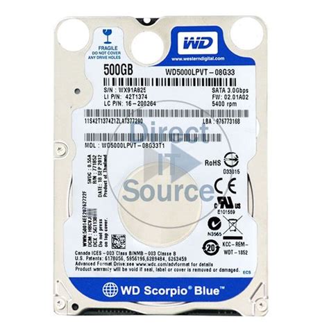 WD WD5000LPVT-08G33T1 - 500GB 5.4K SATA 3.0Gbps 2.5" 8MB Hard Drive