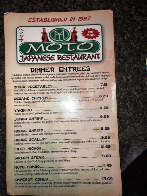 Menu At Moto Japanese Restaurant Kingsport Fort Henry Dr