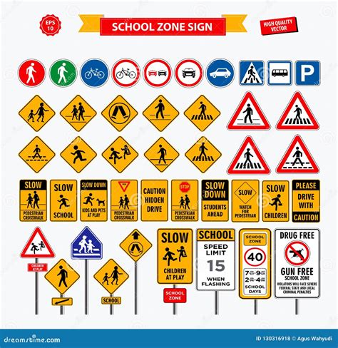 Set Of School Sign Zone Pedestrian And Other Street School Zone Stock