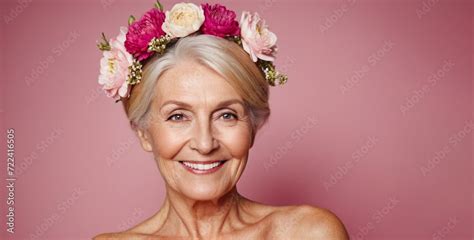 Old Beautiful Naked Sixty Year Old Blonde Woman Smiling On Isolated Pink Background Woman