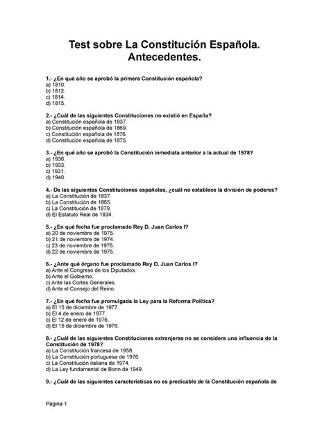 Test 2020 Preguntas Y Respuestas Test Sobre La Constitución Española