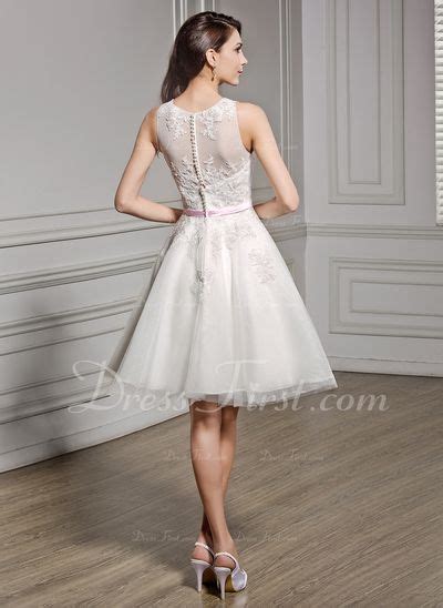 [us 161 00] A Line Illusion Knee Length Lace Wedding Dress With Sash