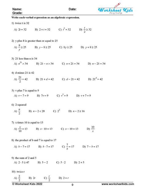 Master Algebra With Ease 12 Engaging Worksheets For Converting Verbal Expressions To Algebraic