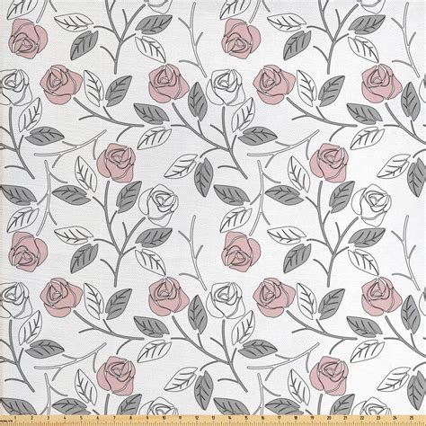 Floral Fabric By The Yard Roses Flowers Repetitive Soft Grey Leaves