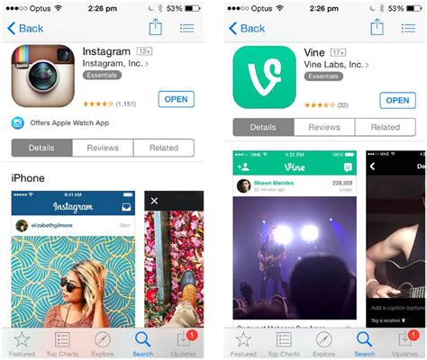 Apple's mobile app store screens for Instagram and Vine. | Download ...