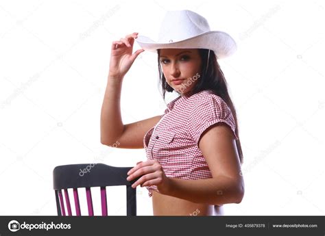 Sexy Vaquera Sombrero Vaquero Sobre Fondo Blanco Fotografía De Stock