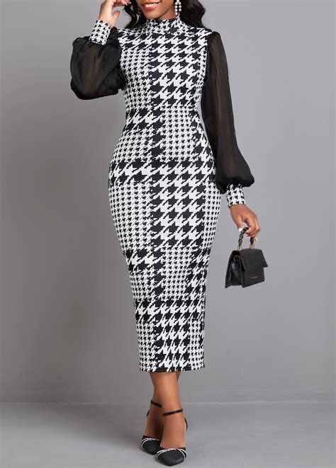 Split Plaid Black High Neck Long Sleeve Bodycon Dress Rotita