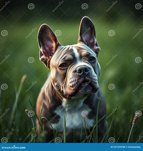 American Bully Dog in the Green Field French Pitbull Puppy Ultra Realistic Photorealistic Stock