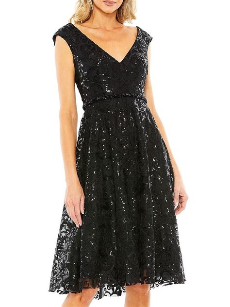 Mac Duggal Sequin V Neck Cap Sleeve Knee Length Dress In Black Lyst