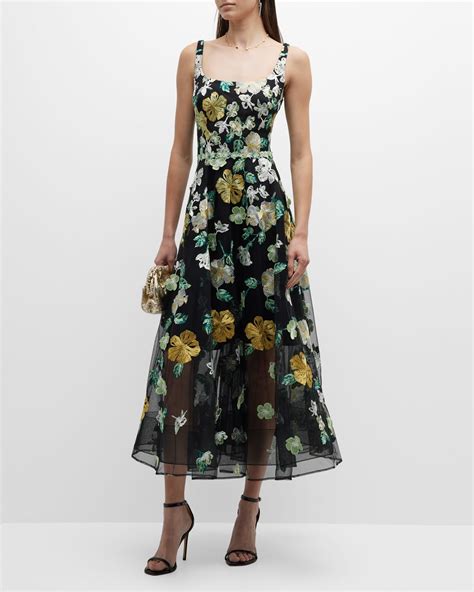 Marchesa Notte Strapless Floral Embroidered Tulle Midi Dress Neiman