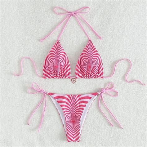 Womens Pink Striped Halter Neck Bikini Swimwear Set On Luulla