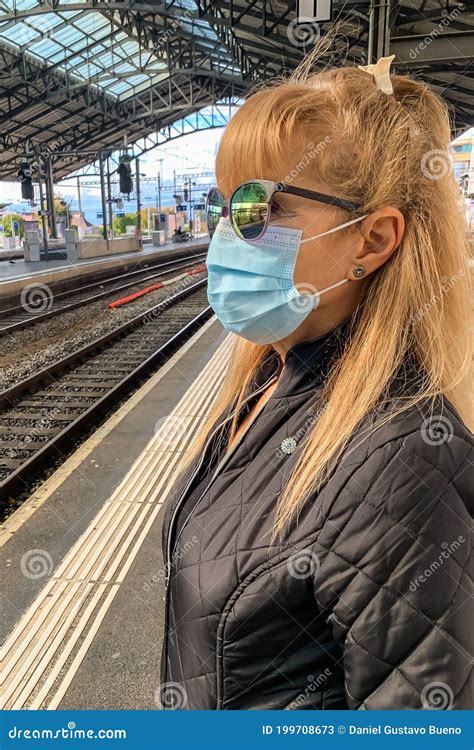 Adult Woman Wearing A Surgical Mask At The Train Station Stock Image Image Of Outdoors