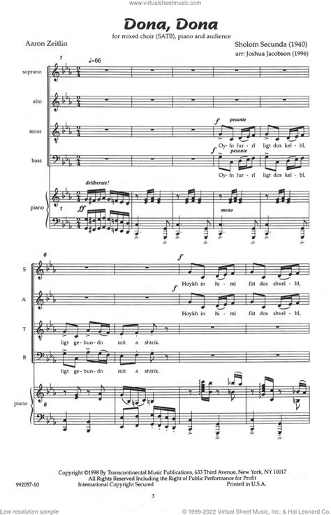 Dona Dona Arr Joshua Jacobson Sheet Music For Choir Satb Soprano