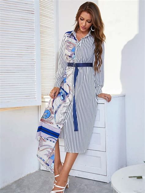 Striped Panel Asymmetrical Hem Belted Shirt Dress Dresses Fashion Fashion Outfits