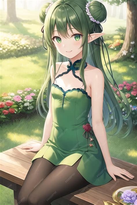 Premium Ai Image Anime Girl In Green Dress Sitting In The Garden