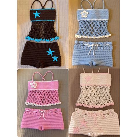Bộ bikini đi biển móc len handmade Set bikini kèm quần short len móc