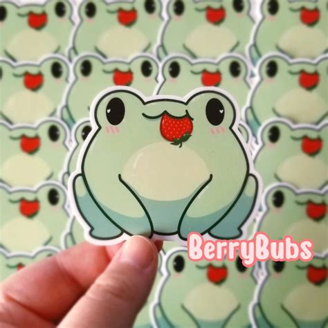 Strawberry Frog Sticker Cute Frog Eating A Strawberry Glossy Vinyl