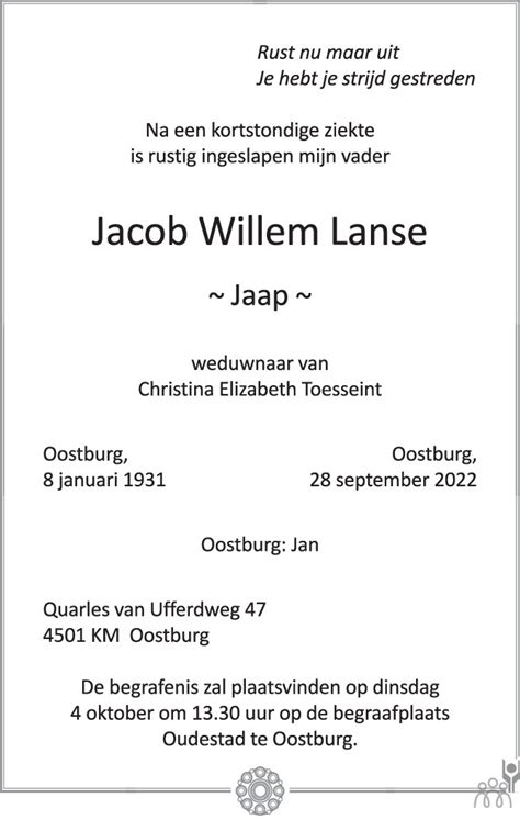 Jacob Willem Jaap Lanse Overlijdensbericht En Condoleances