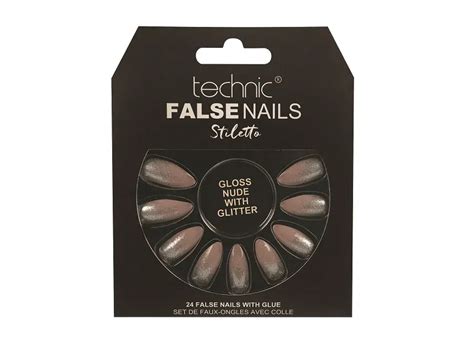 Technic Stiletto 24 False Nails With Glue Gloss Nude With Glitter Arogga Beauty Store