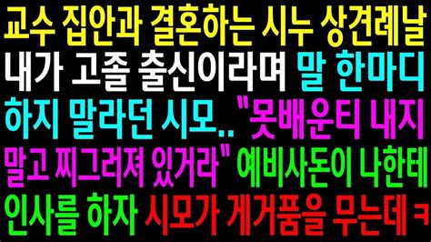 실화사연대학교수 집안과 결혼하는 시누 상견례날 내가 고졸 출신이라며 말 한마디 하지 말라던 시모예비사돈이 나한테 인사를