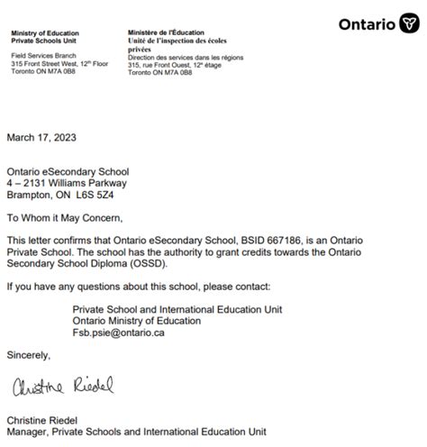 Ministry Accreditation Letter Ontario Esecondary School