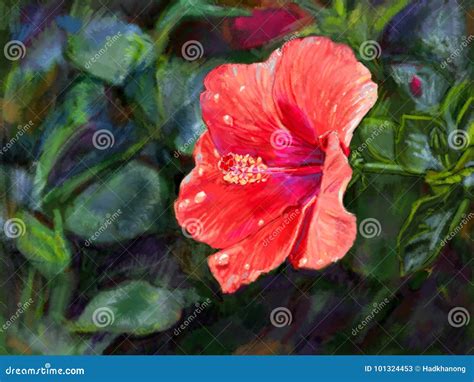 Digital Painting of Red Hibiscus Flower Stock Illustration - Illustration of leisure, flower ...