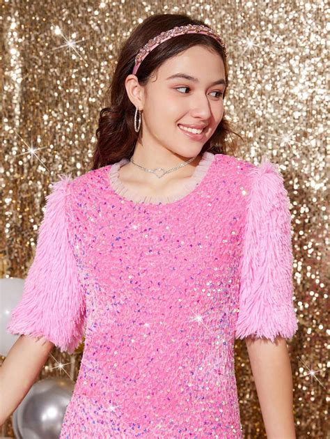 Teen Girl Fuzzy Sleeve Sequin Dress SHEIN USA