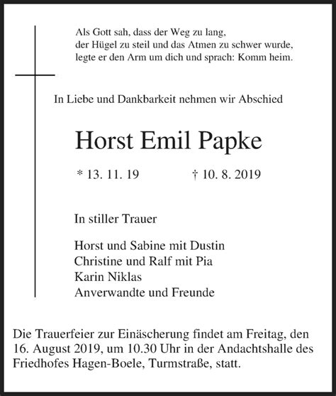 Traueranzeigen Von Horst Emil Papke Trauer In Nrw De